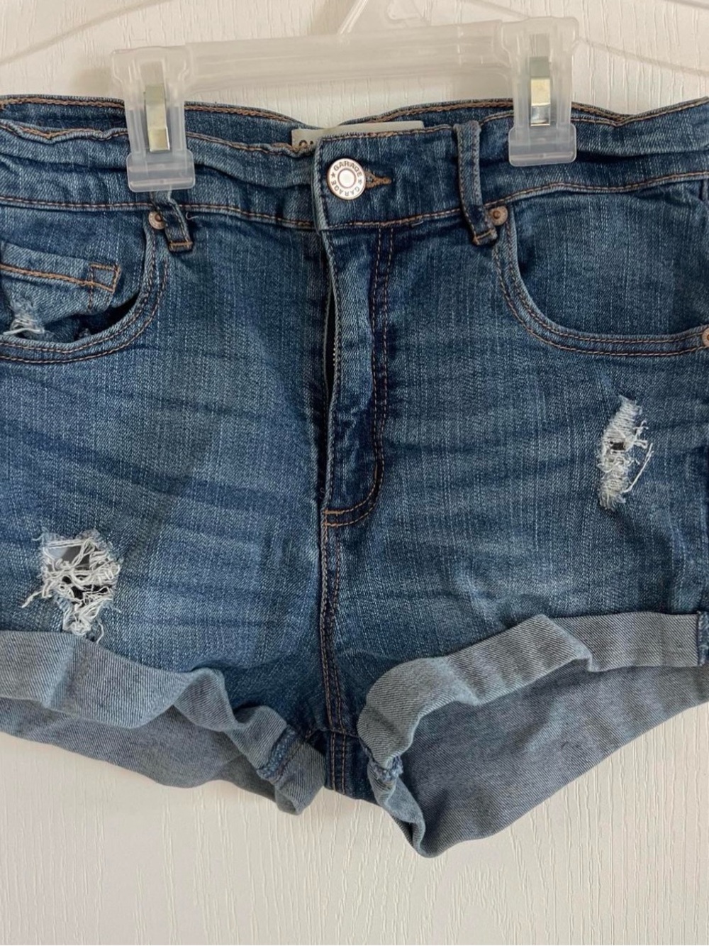 Garage High-Rise Distressed Denim Shorts - Blue